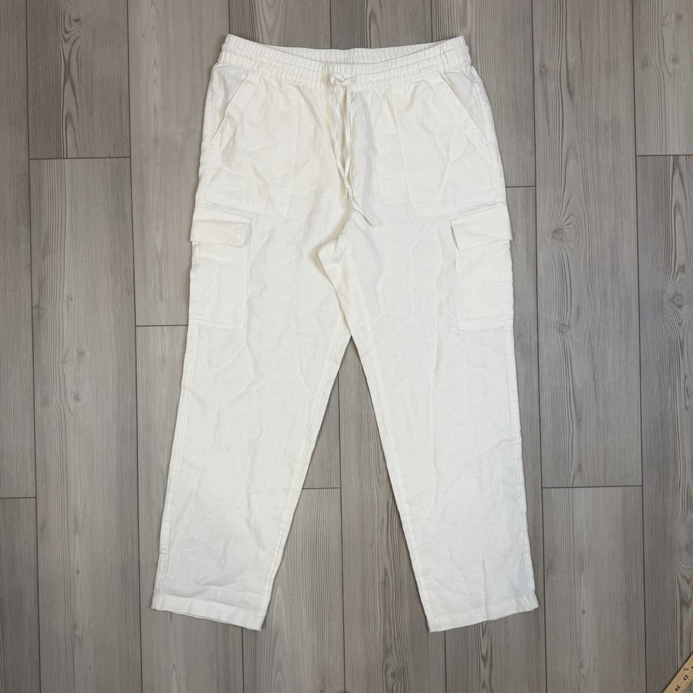Lands End High Rise Wide Leg Linen Cargo Pants Women's Size 16 White‎